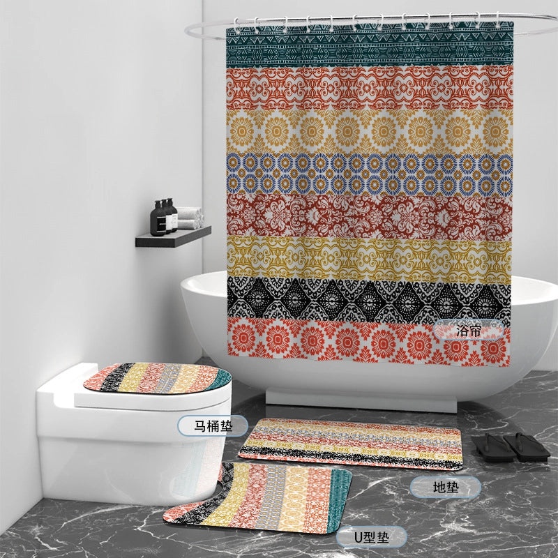 Digital Printed Geometric Round Waterproof Polyester Bathroom Shower Curtain Set of 4 | Home & Bathroom Accessories