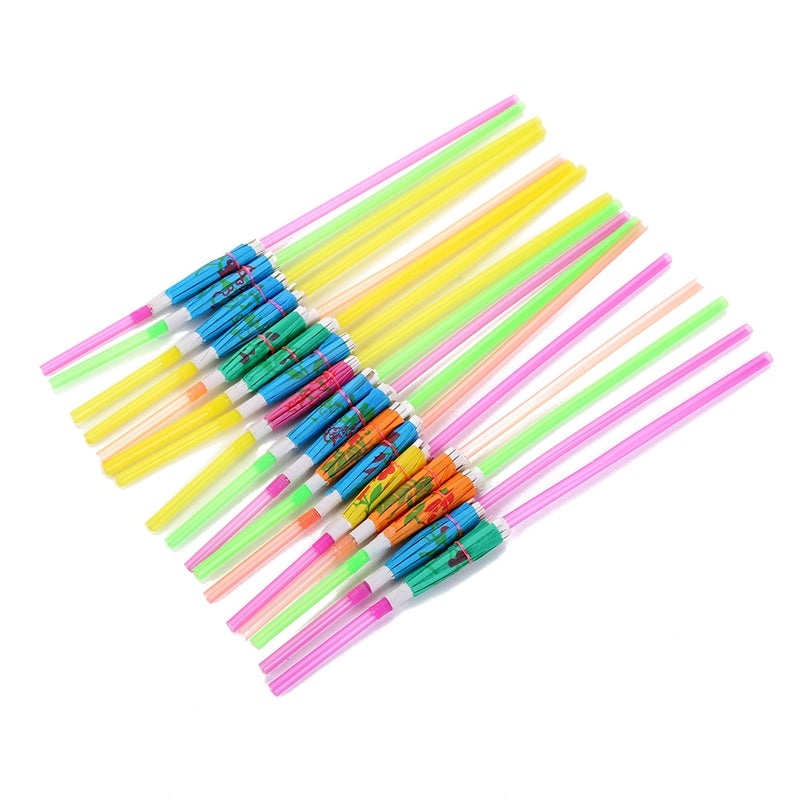 3 Pieces Fluorescent Hawaiian Straw Party Umbrellas with Curved Disposable Plastic Straws|Party Supplies