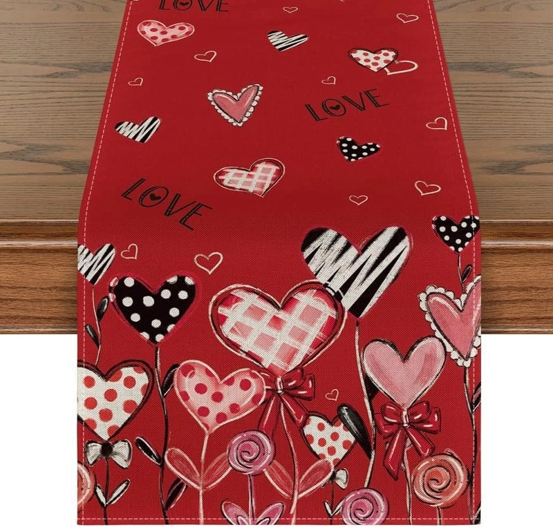 Romantic Heart Shape Rose Linen Table Runner for Valentine’s Day | Home Decor/Table Linens