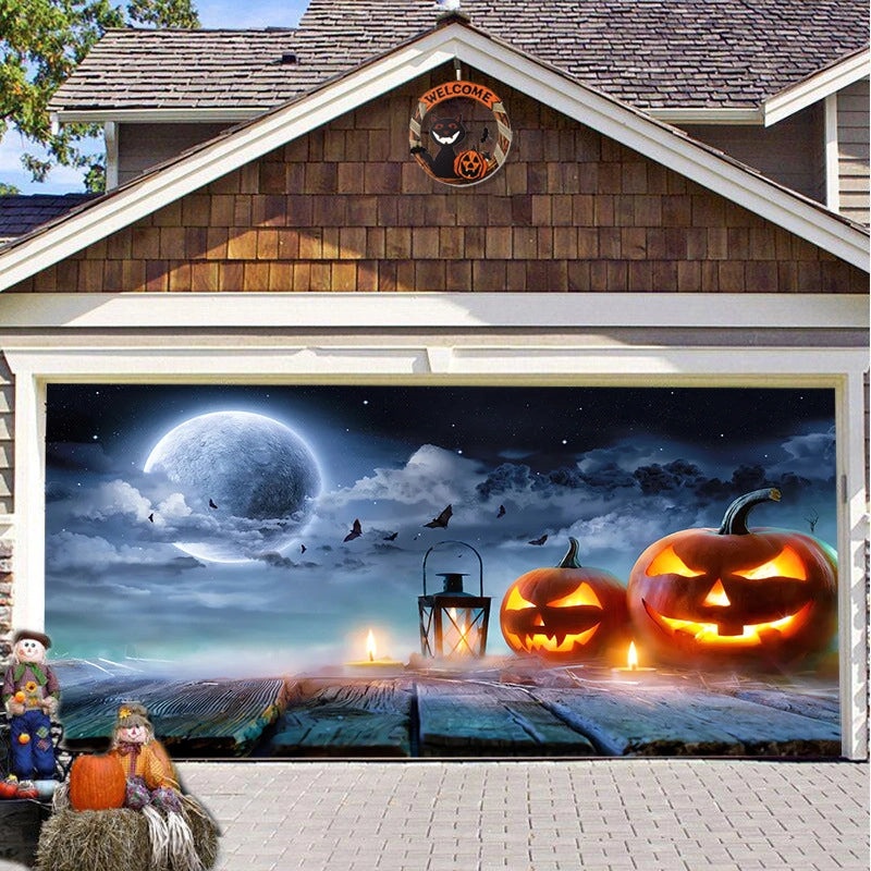 Halloween Pumpkin Hanging Banner Cloth Horror Garage Door Tapestry Decoration|Home Decor