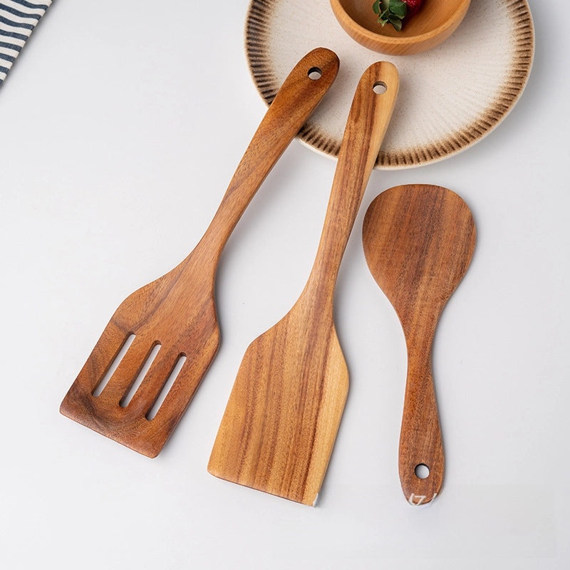 7-piece Teak Wood Kitchen Utensil Set Including Spatula, Soup Spoon & Colander | Kitchenware & Cooking Tools