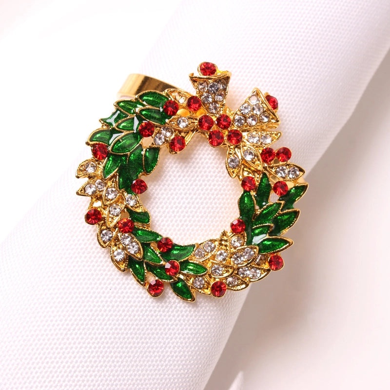 Festive Christmas Tree and Santa Claus Alloy Napkin Rings Set of 6 | Holiday Table Decor