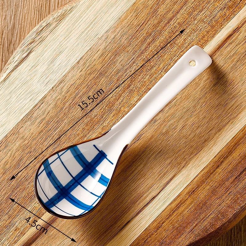 Unisex Ceramic Soup Spoon Kitchen Dining Utensil Blue White Cartoon Pattern