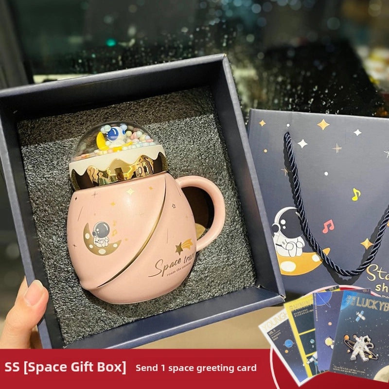 2-Piece Astronaut Space Ceramic Mug Set with Lid and Spoon | Gifts for Couples and Space Lovers | Drinkware Gifts