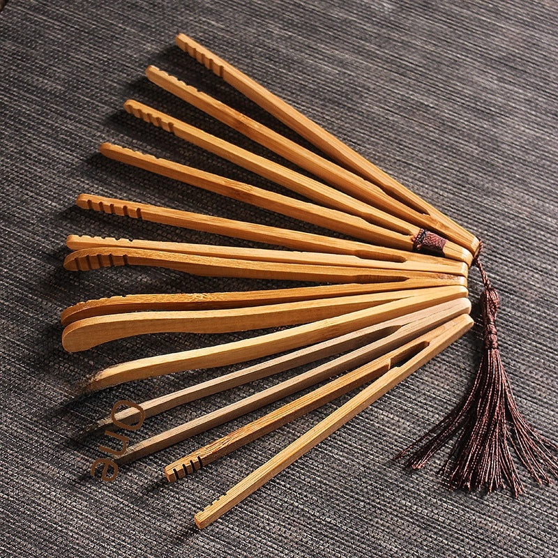 Amoy Porcelain Bamboo Tea Clip Set with Solid Wood Handle Stainless Steel Tea Cup Holder Tea Ceremony Accessories|茶具配件