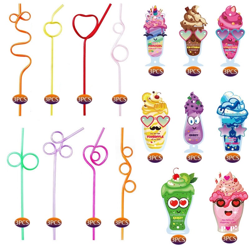 32 Pieces Valentine's Day Kids Straw Set Reusable Crazy Straws with Greeting Cards|Kids Party Supplies