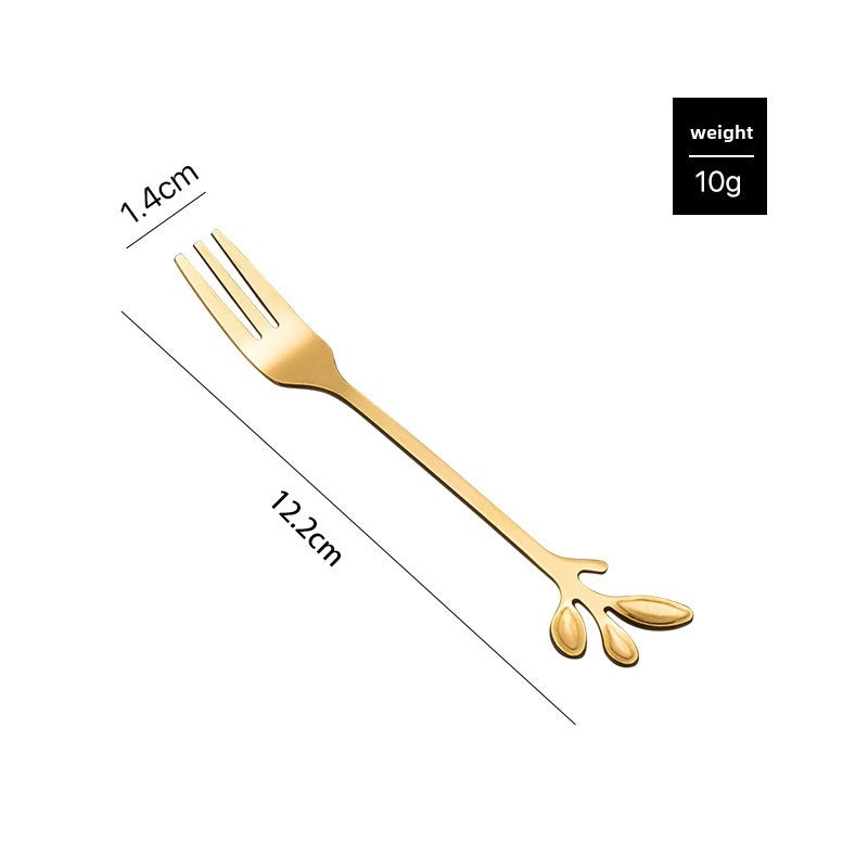 Gold-plated Stainless Steel Leaf Design Spoon and Fork Set for Coffee, Dessert, Fruit, Honey, and Ice Cream|Kitchen & Dining Utensils