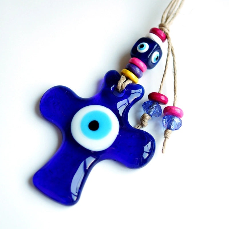 Turkish Blue Evil Eye Cross Pendant Glass Wall Hanging Decoration | Home Decor & Accessories