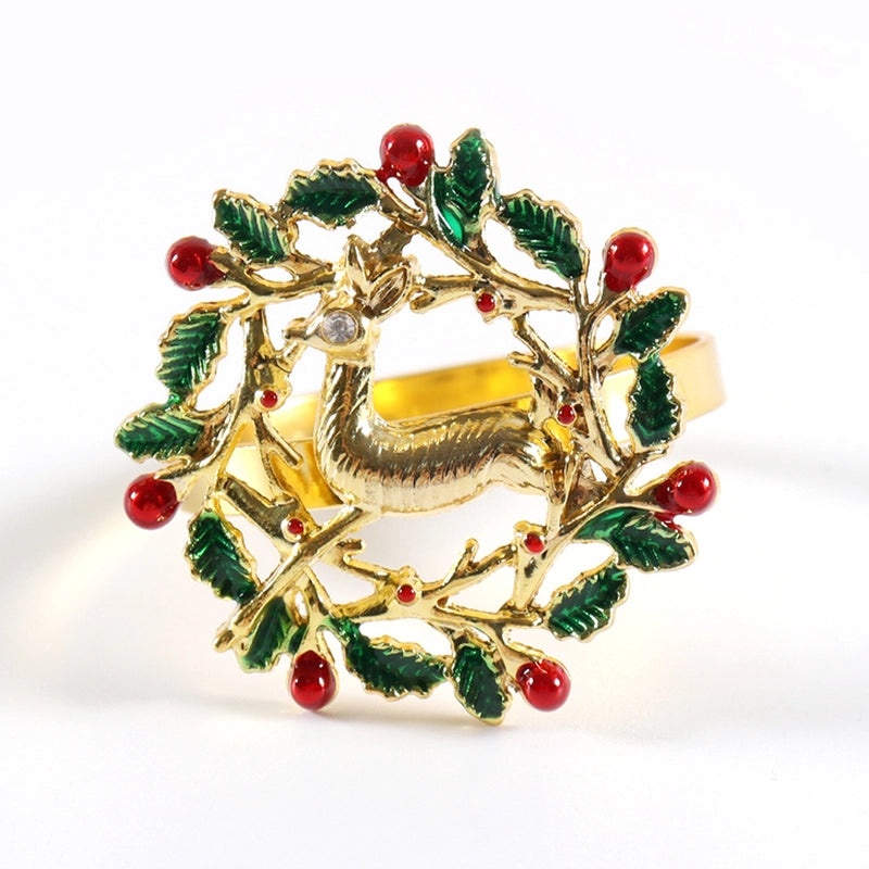 Festive Christmas Tree and Santa Claus Alloy Napkin Rings Set of 6 | Holiday Table Decor