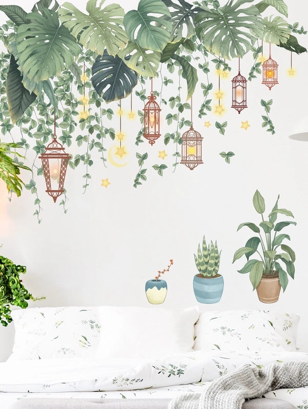 Ethnic Plant Vine Wall Stickers Banana Leaf Sofa Background Decorative Potted Plant Decals | Home Decor Wall Art