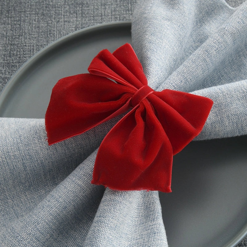 Christmas Red Bowknot Napkin Ring Flannel Holiday Tissue Holder Festive Table Decor|Tableware & Dining Accessories