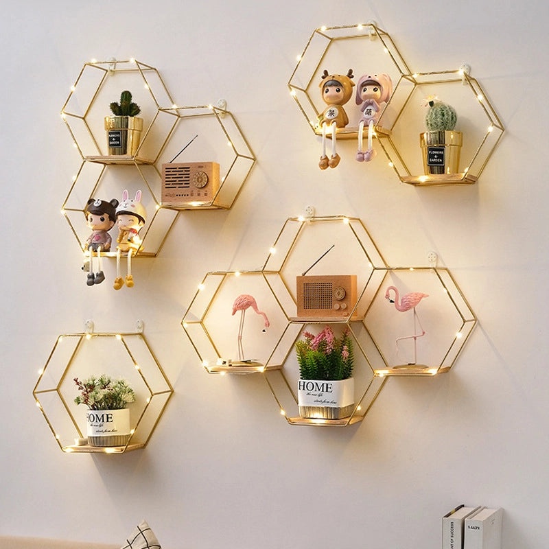 Wrought Iron Nordic Hexagon Wall Shelf Decorative Hanging for Home Bedroom Dining Room|Home Decor Wall Art