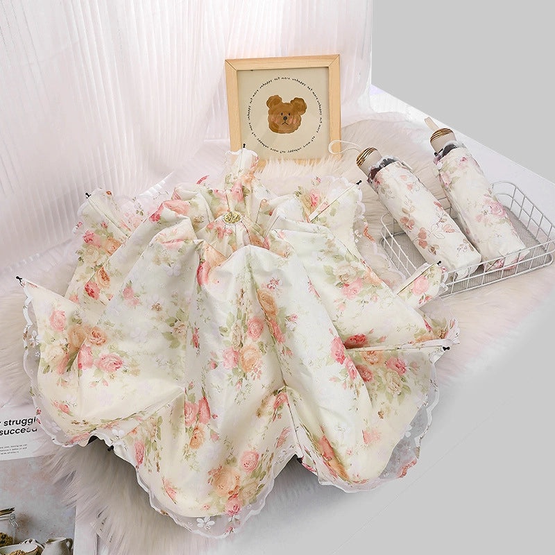 Goddess Princess Double Layer Lace Foldable Umbrella for Women | Sun & Rain Protection | Black Sunshade Umbrellas | Women's Accessories