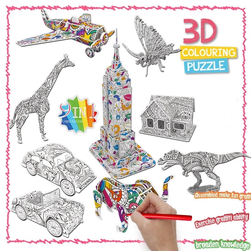 Kids 3D Dinosaur Graffiti Puzzle Toy Set DIY Animal Car House Painting Craft | Children's Creative Toys
