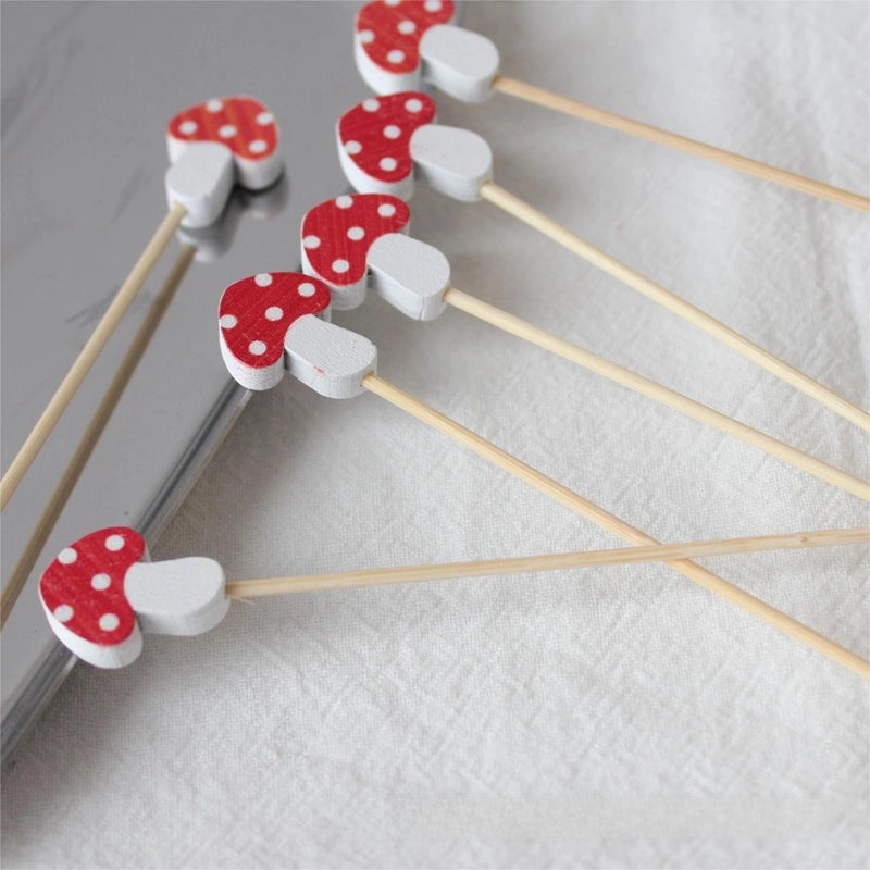 Disposable Polka Dot Mushroom Decorative Toothpicks Bamboo Snack Picks for Hotel Restaurant Fruit Display 100 Pieces|Party Supplies