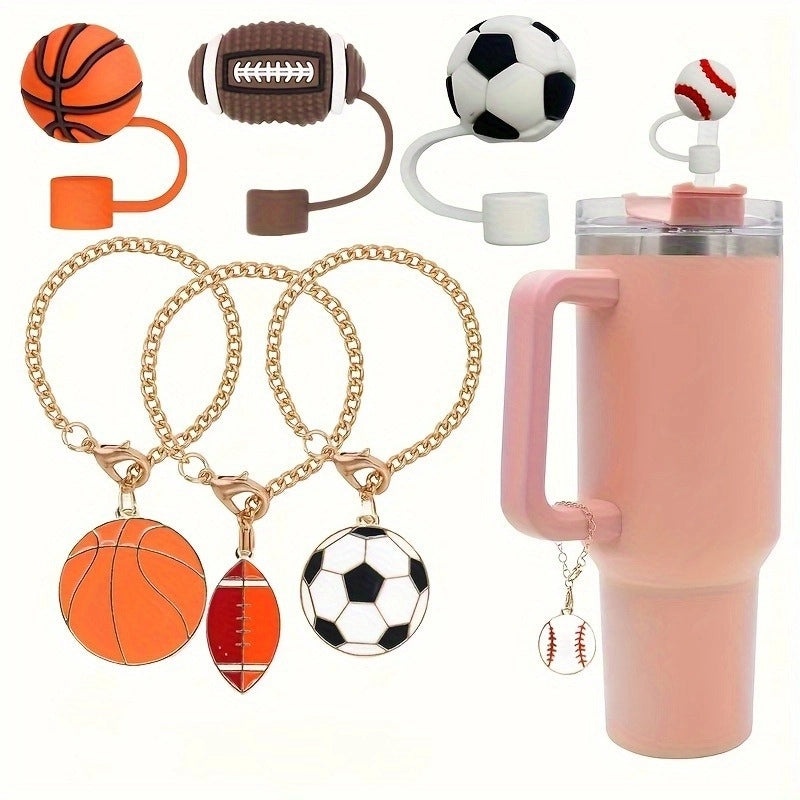 Cute Basketball Football Silicone Straw Cap Set for Kids | Drinkware Accessories