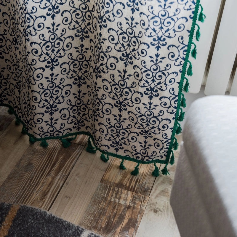 Blue and White Porcelain Print Kitchen Curtain with Green Tassel, Chinese Style Sheer Panel, No Shading|Home Decor Curtains