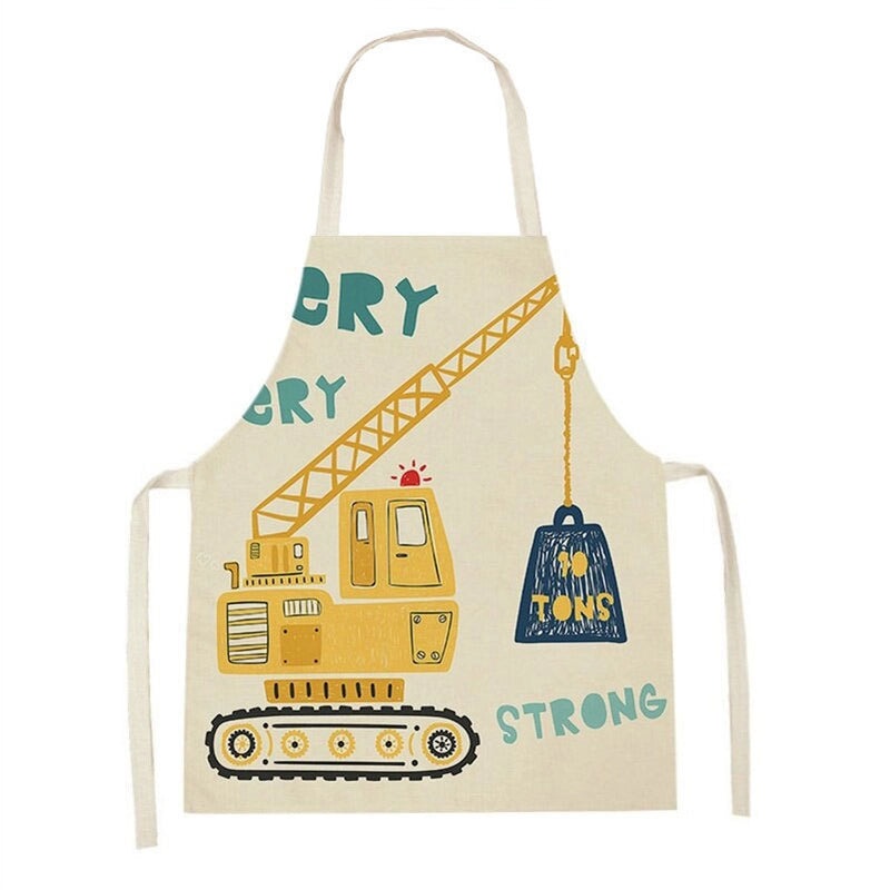 Cartoon Excavator Print Linen Sleeveless Parent-Child Apron Oil-Resistant Home Cooking Protective Wear|Kitchenware & Aprons