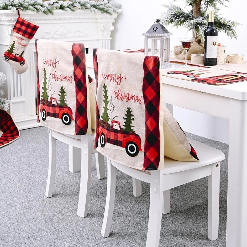 Retro Plaid Christmas Tree Letter Chair Cover for Holiday Party|Home Decor & Party Supplies