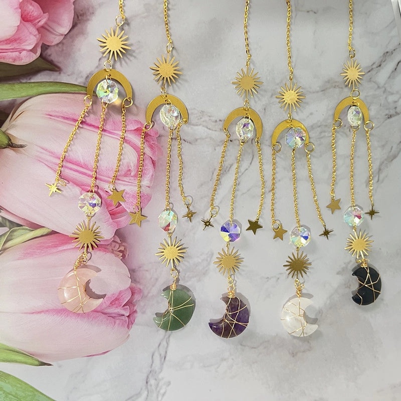 Minimalist Sun and Moon K9 Crystal Brass Suncatcher Wind Chime Decorative Wall Art|Home Decor