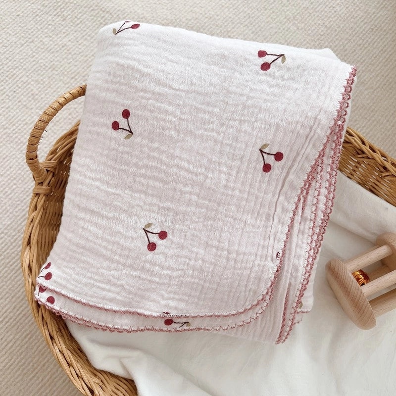 Pink Cherry Pattern Soft Baby Cotton Gauze Towel Nap Blanket Bath Blanket|Baby Blankets & Towels