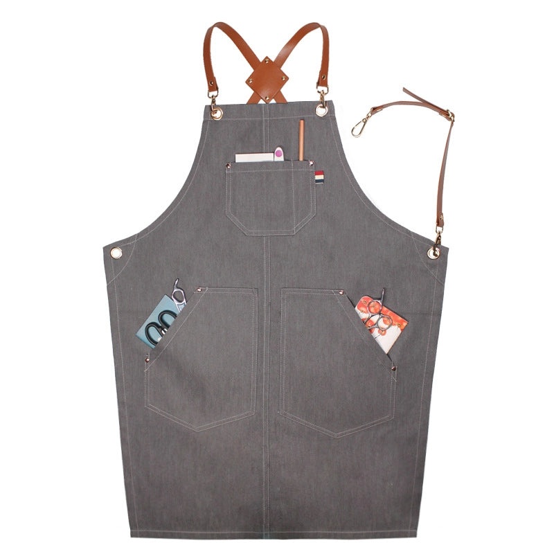 Denim Suspender Apron for Barista, Hair Stylist, Restaurant Staff, Floral Design, Unisex, Korean Style Workwear|Aprons & Workwear