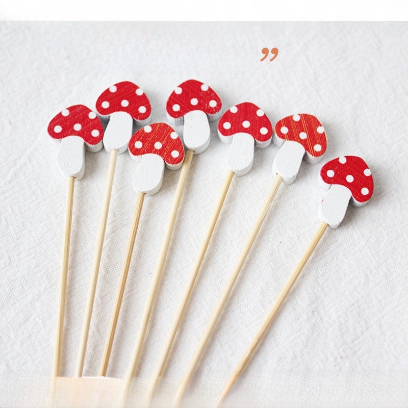 Disposable Polka Dot Mushroom Decorative Toothpicks Bamboo Snack Picks for Hotel Restaurant Fruit Display 100 Pieces|Party Supplies