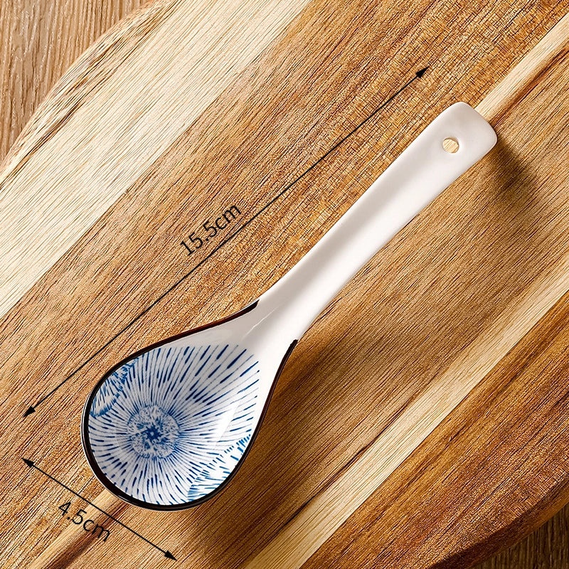 Unisex Ceramic Soup Spoon Kitchen Dining Utensil Blue White Cartoon Pattern