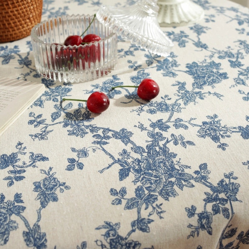 Vintage Blue Floral Small Round Tablecloth Cotton Linen Tea Table Cover|Home Decor Table Linens