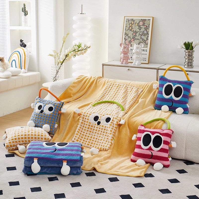 Big Eye Monster Embroidered Lambswool Flannel Cushion Blanket for Office Car Use|Home & Living