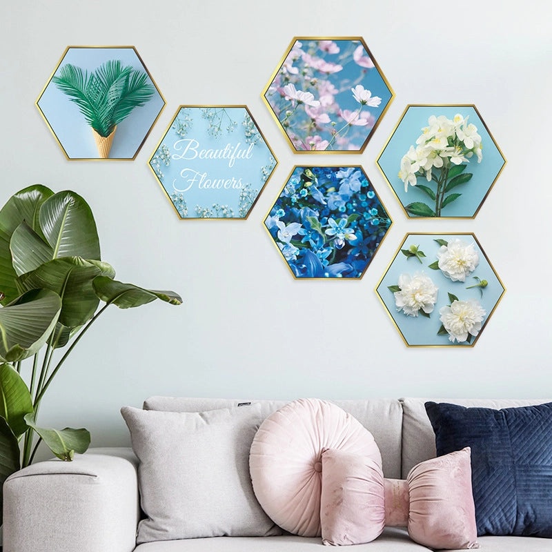 Hexagonal Flat Photo Frame Wall Sticker with Fresh Green Plant Design | Home Decor Wall Art