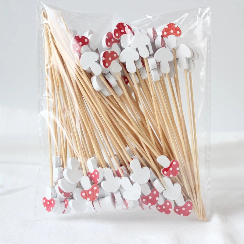 Disposable Polka Dot Mushroom Decorative Toothpicks Bamboo Snack Picks for Hotel Restaurant Fruit Display 100 Pieces|Party Supplies