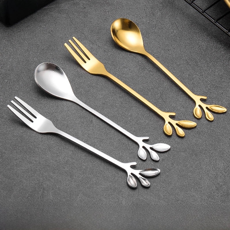 Gold-plated Stainless Steel Leaf Design Spoon and Fork Set for Coffee, Dessert, Fruit, Honey, and Ice Cream|Kitchen & Dining Utensils