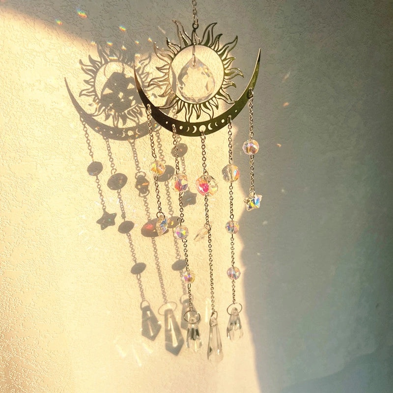 Geometric Crystal Brass Suncatcher Wind Chime | Home Decor & Wall Art