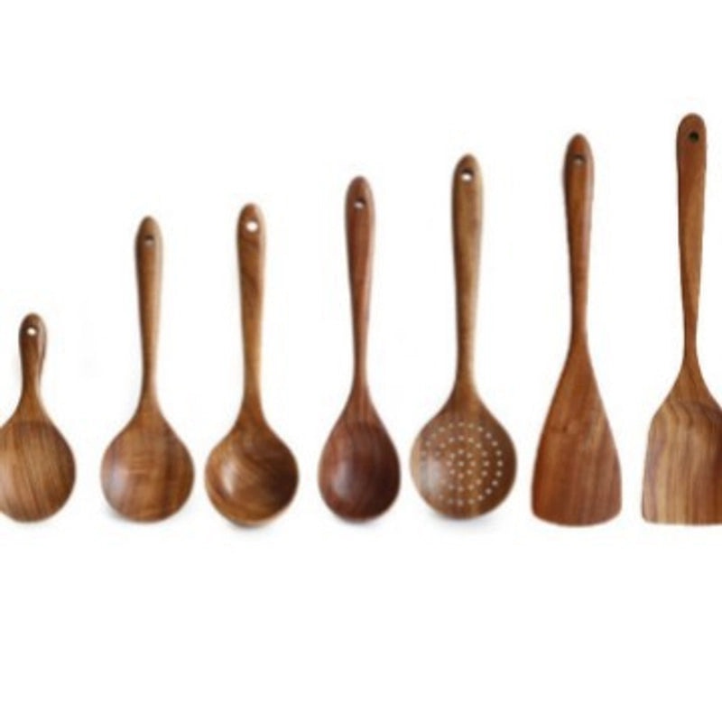 7-piece Teak Wood Kitchen Utensil Set Including Spatula, Soup Spoon & Colander | Kitchenware & Cooking Tools