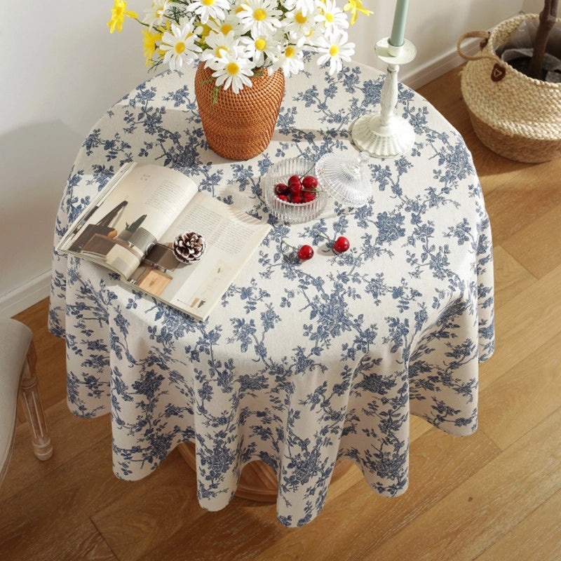 Vintage Blue Floral Small Round Tablecloth Cotton Linen Tea Table Cover|Home Decor Table Linens