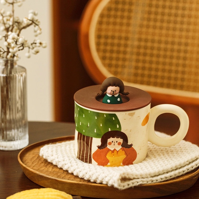 Vintage Ceramic Cartoon Dinner Plate Cute Girls Small Rice Bowl and Mug with Lid|Kitchen & Dining