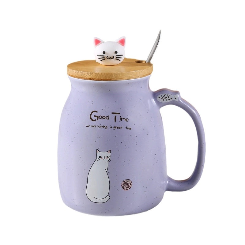 Cute Cartoon Couple Cat Ceramic Mug with Lid and Spoon | Drinkware & Mugs