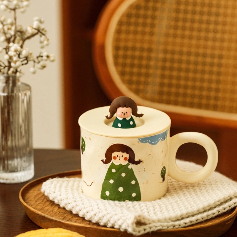 Vintage Ceramic Cartoon Dinner Plate Cute Girls Small Rice Bowl and Mug with Lid|Kitchen & Dining