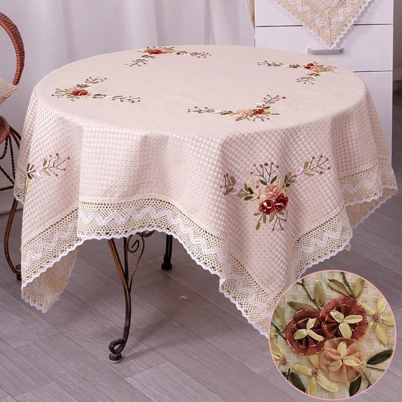 Cotton Linen Rectangular Dining Tablecloth with Ribbon Embroidery Simple Pastoral Style for Household Coffee Table|Home & Living > Kitchen & Dini