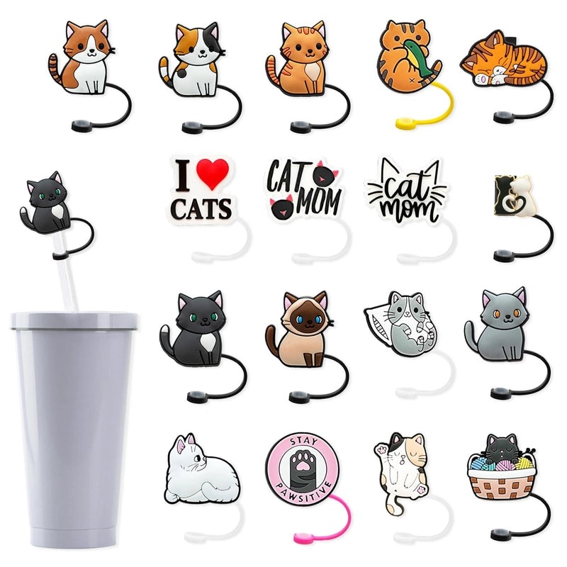 2 Pieces Cute Cat Letter Silicone Straw Caps Set|Drinkware Accessories