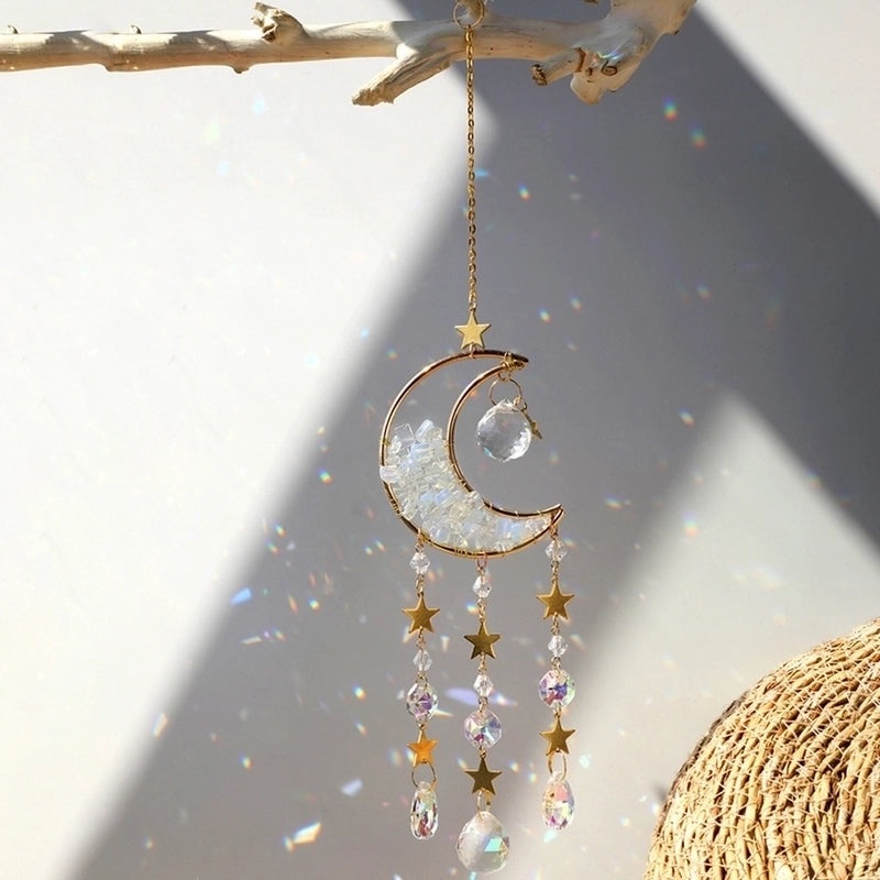 Sparkling Star and Moon Crystal Glass Suncatcher Wind Chime | Home Decor Wall Art