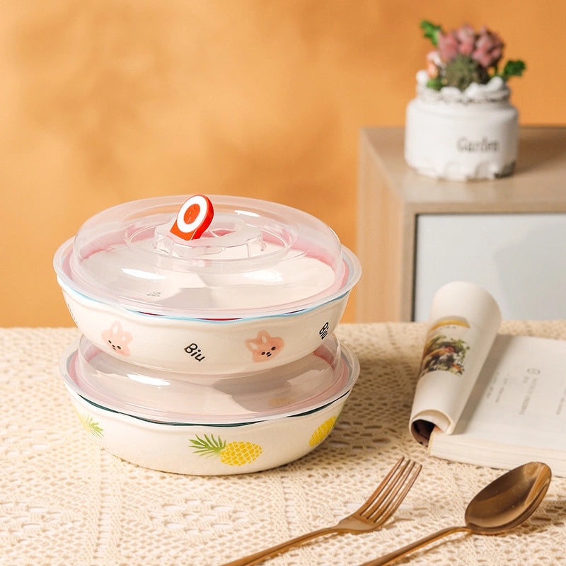 Ceramic Three-Compartment Bowl with Lid Microwave Safe Heat-Resistant Lunch Box Snack Plate|Kitchen & Dining