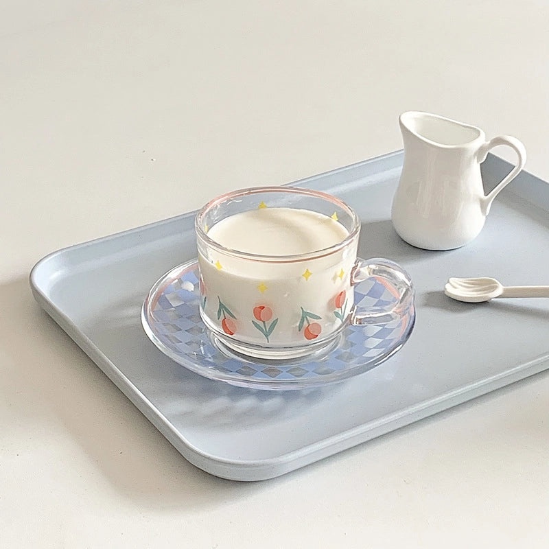 Summer New Arrival| Korean Style Coffee Cup & Saucer Set | French Afternoon Tea Premium Scented Glassware|Home & Kitchen