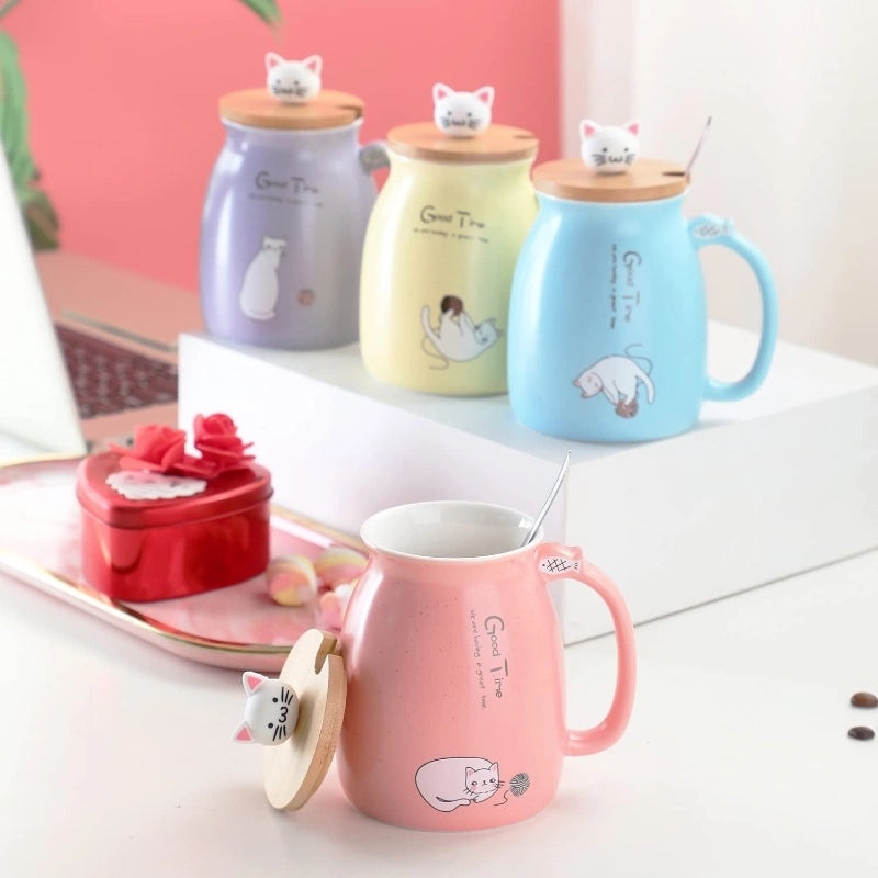 Cute Cartoon Couple Cat Ceramic Mug with Lid and Spoon | Drinkware & Mugs