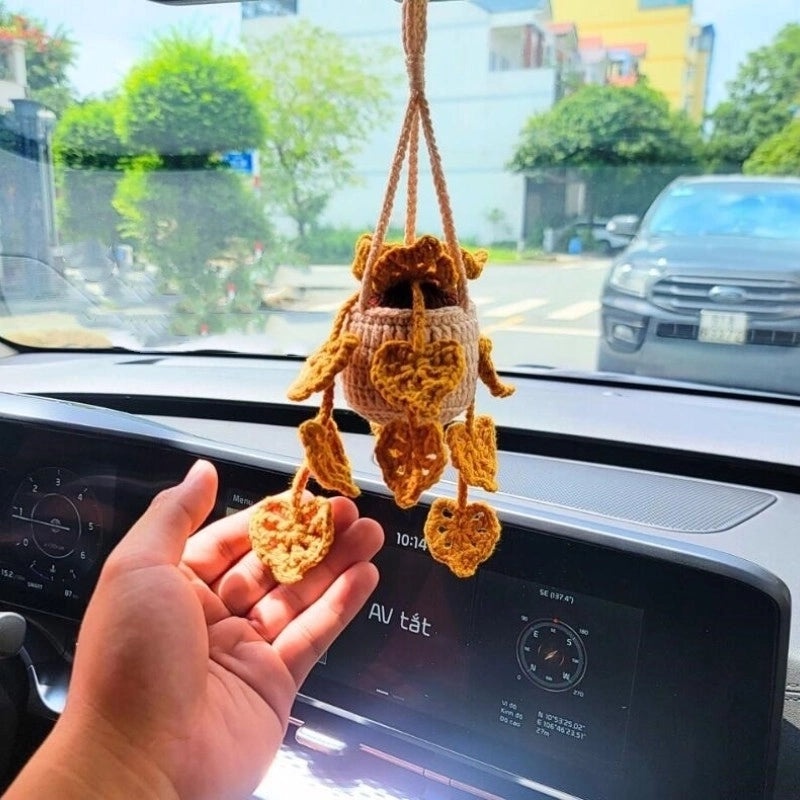 3 Pieces Hand-Crocheted Chlorophytum Yarn Potted Ornaments for Car Rearview Mirror | Car Accessories