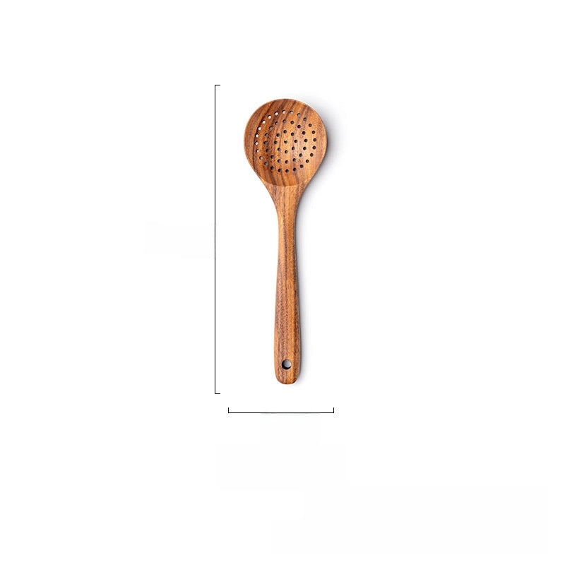 7-piece Teak Wood Kitchen Utensil Set Including Spatula, Soup Spoon & Colander | Kitchenware & Cooking Tools