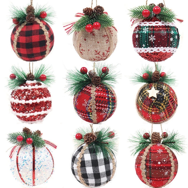 Christmas Plaid Cloth Balls 6cm & 8cm Black White Red Tree Hanging Decorative Ornaments|Christmas Decorations