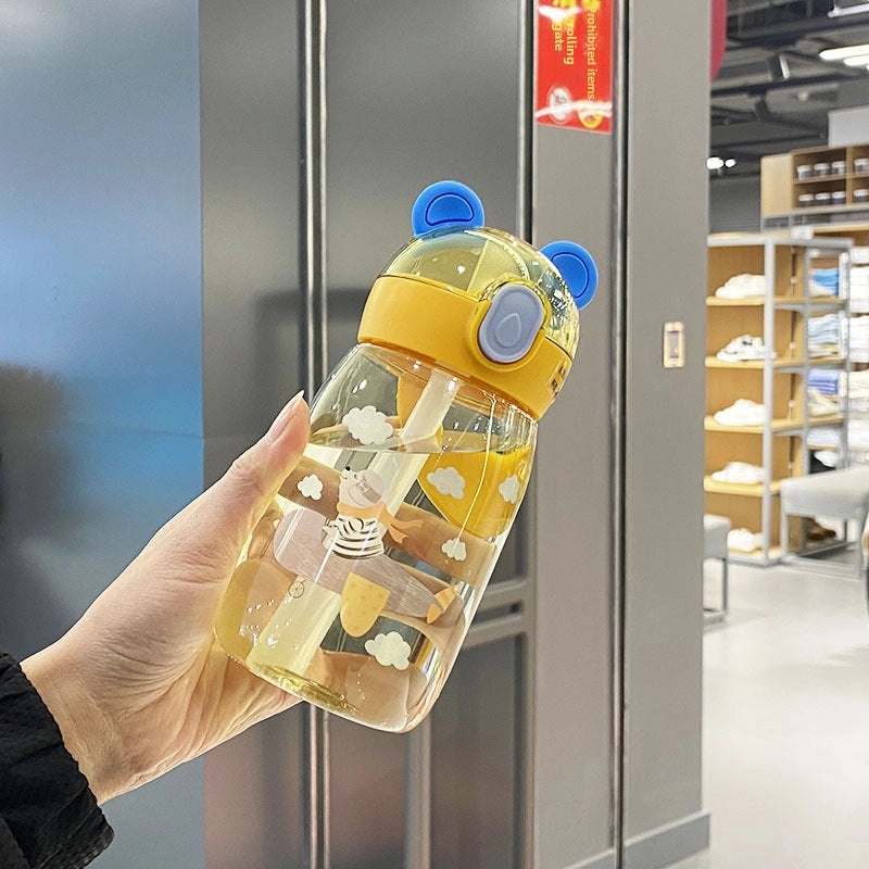 Cartoon Bunny Straw Cup with Rope for Kids Toddlers Students Drop-resistant Plastic Drinking Bottle|Kids Drinkware