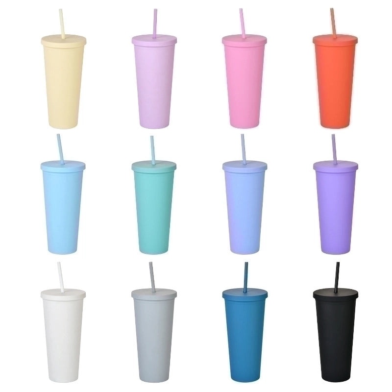 24oz Double-layer Frosted Plastic Straw Cup with Lid | Drinkware & Tumblers